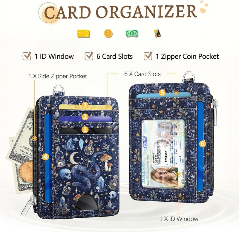 Kelvoris Goth Mushroom Slim Wallet Women Credit Card Holder, Skull Gothic Small RFID Blocking Wallet Woman Wristlet Keychain Zipper Coin Pocket, Front Pocket Thin Travel Wrist Card Case Ladies Gifts - Image 3